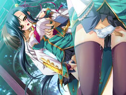 baseson black_hair blush female fingering game_cg hongou_kazuto kan'u_unchou_(koihime) katagiri_hinata koihime†_(series) koihime_musou long_hair ponytail pussy_juice thighhighs tied_hair underwear yellow_eyes