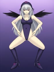 black_wings leotard purple_eyes rozen_maiden silver_hair suigintou white_hair wings