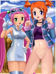 2girls big_breasts blue_eyes bottomless choker crop_top female female_only first_porn_of_franchise genius_sonority gloves goggles goggles_on_head green_eyes human human_only innie_pussy long_twintails lovrina_(pokemon) medium_breasts mirei_(pokemon) multiple_girls nintendo no_panties orange_hair photoshop pink_hair pokemoa pokemon pokemon_colosseum pokemon_xd pussy rui_(pokemon) thighhighs thighs twintails uncensored