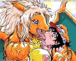 1boy 1girls anthro ash_ketchum bones breasts charizard female human human_on_anthro humansub interspecies kissing large_breasts larger_female male malesub mariano nintendo nipples pokemon pokemon_(species) pokephilia pussy satoshi_(pokemon) scalie size_difference smaller_male tagme tongue tongue_out
