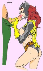 1boy 1girls barbara_gordon batgirl batman_(series) both_hands_on_cock breasts_out dc_comics faceless_male female female_focus frank_chavez holding_penis human nipples oral oral_sex partially_clothed red_hair straight sucking_penis sucking_tip tagme