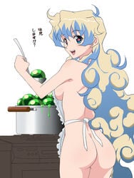 +_+ apron ass blue_eyes blue_hair blush breasts cooking earrings female jewelry long_hair looking_back mameshiba mameshiba_(artist) multicolored_eyes naked_apron nia_teppelin open_mouth sideboob smile solo tengen_toppa_gurren-lagann tengen_toppa_gurren_lagann translated very_long_hair