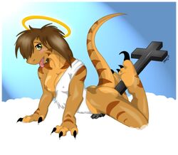 all_fours anthro ass blush breasts brown_hair claws clothes cloud color cross day dinosaur female female_only furry furry_only green_eyes hair halo jesus_christ meme no_humans open_eyes open_mouth outdoors public_domain pussy_juice raised_tail raptor-tan raptor_jesus rule_63 sharp_claws side_view solo splashsilver tail tongue velociraptor