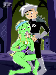 1boy 1girls amulet breast_grab breasts corset cum cum_in_mouth danny_fenton danny_phantom darkdp dora_mattingly facial fellatio female ghost ghost_girl green_eyes green_skin handjob licking looking_down male nickelodeon pants_down princess_dorathea red_eyes smooth_skin white_hair