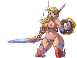 armor blonde_hair breast_slip breasts cameltoe clothes color dark_nipples exposed_breast feathers female female_only front_view highres holding holding_sword kawacchi_hirohiro large_breasts long_hair nipples one_breast_out open_mouth original overhand_grip panties shield solo sweat sword tan_skin thick_thighs thighhighs thighs thong torn_clothes underwear wardrobe_malfunction weapon