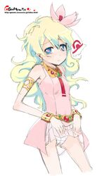 +_+ female armlet bracelet dress flower hair_flower hair_ornament jewelry long_hair multicolored_hair nia_teppelin oekaki onija_taro onija_tarou panties pink_dress skirt skirt_lift sleeveless solo tengen_toppa_gurren-lagann tengen_toppa_gurren_lagann underwear white_panties