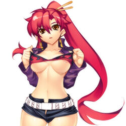 areolae belt bikini bikini_top breasts female female_only hair_ornament hairpin hiyohiyo long_hair long_sleeves lowres navel ponytail red_hair short_shorts shorts simple_background solo swimsuit tengen_toppa_gurren-lagann tengen_toppa_gurren_lagann tied_hair underboob yoko_littner