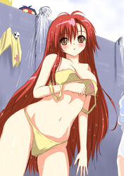 bikini blush kittan_bachika long_hair midriff navel nia_teppelin niwatori_kokezou red_hair shower simon_(tengen_toppa_gurren_lagann) swimsuit tengen_toppa_gurren-lagann tengen_toppa_gurren_lagann undressing wet yellow_eyes yoko_littner