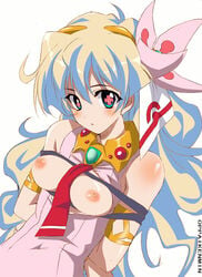 +_+ armlet arms_behind_back between_breasts blonde_hair blush bondage breast_squeeze breasts clothes_between_breasts female hair_ornament jewelry long_hair necktie nia_teppelin nipples no_bra open_clothes open_shirt oppai_kenmin shirt solo tengen_toppa_gurren-lagann tengen_toppa_gurren_lagann very_long_hair