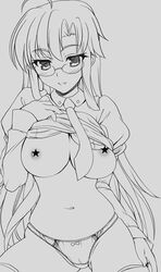 1girls ahoge blush bottomless bow bow_panties bra bra_lift breasts censored female glasses kawase_seiki lingerie long_hair monochrome naughty_face necktie no_bra panties shirt_lift skindentation solo star teacher tengen_toppa_gurren-lagann tengen_toppa_gurren_lagann thighhighs underwear yoko_littner yomako