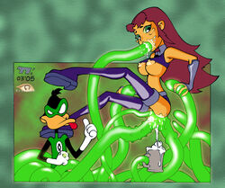 1boy 1girls 2005 anal anthro ass boots breasts choker clothing cum cum_in_ass cum_in_mouth cum_in_pussy cum_inside daffy_duck dc dc_comics double_handjob duck_dodgers female footwear green_eyes green_lantern_corps green_tentacles handwear long_hair nipples open_mouth oral penetration purple_boots rape red_hair restrained shirt shirt_lift skirt skirt_lift soft_feathers spread_legs starfire suspension tears teen_titans tentacle tentacle_grab thigh_boots triple_penetration turk128 vaginal_penetration