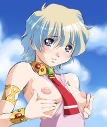 +_+ 1girls armlet ascot blue_eyes bracelet clothing exposed_breasts inverted_nipples kantori multicolored_hair nia_teppelin puffy_nipples short_hair solo tengen_toppa_gurren_lagann