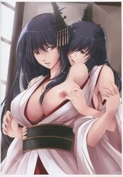 2girls breasts female fusou_(kantai_collection) kantai_collection kimono large_breasts multiple_girls nipples undressing yamashiro_(kantai_collection) yuri