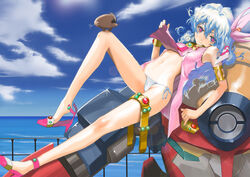 1girls animal bet bikini bikini_bottom blue_hair boota bracelet female feral fuyuno_haruaki girdle hair_ornament high_heels lagann long_hair looking_at_viewer mecha nia_teppelin no_pants ocean side-tie_bikini side-tie_panties skinny swimsuit tengen_toppa_gurren-lagann tengen_toppa_gurren_lagann undressing