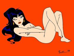 1990s 1999 20th_century ben_(artist) black_hair blue_eyes earrings legs_crossed lipstick medium_breasts nude ponytail red_background toenail_polish vampirella wink