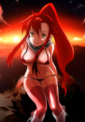 1girls asaki_yuki bikini bikini_bottom boots breasts cleavage female large_breasts long_hair micro_bikini no_pants no_shorts ponytail red_hair red_legwear red_thighhighs scarf smile solo sunset swimsuit tengen_toppa_gurren-lagann tengen_toppa_gurren_lagann thighhighs tied_hair underboob very_long_hair yellow_eyes yoko_littner