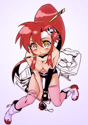 1girls blush boots breast_squeeze breasts female gun kotaro_mori looking_up mori_kotarou mouth_hold navel pink_legwear pink_thighhighs red_hair rifle short_shorts shorts sitting solo tengen_toppa_gurren-lagann tengen_toppa_gurren_lagann thighhighs topless weapon yellow_eyes yoko_littner