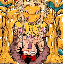 1boy 1girls anthro ash_ketchum bones breasts charizard female human human_on_anthro humansub interspecies large_breasts larger_female male malesub mariano nintendo nipples pokemon pokemon_(species) pokephilia pussy satoshi_(pokemon) scalie size_difference smaller_male