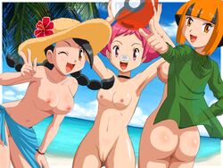 ass breasts candice_(pokemon) female female_only gardenia_(pokemon) human human_only maylene_(pokemon) multiple_females multiple_girls open_mouth pokemoa pokemon pokemon_dppt short_pink_hair