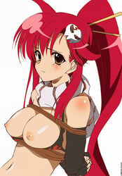 1girls arms_behind_back bikini_top blush bondage breast_squeeze breasts brown_eyes chopsticks elbow_gloves female fingerless_gloves gloves huge_breasts long_hair midriff nipples oppai_kenmin red_hair rope scarf skull solo tengen_toppa_gurren-lagann tengen_toppa_gurren_lagann very_long_hair yoko_littner