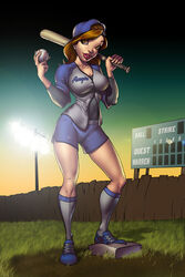 backwards_hat baseball baseball_bat breasts dominic_marco large_breasts short_shorts