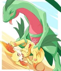 4_toes anal anal_sex bald blush canine closed_eyes cum cum_in_ass cum_in_mouth cum_inside fennec fennekin fox fur gay gecko green_nose green_skin grovyle interspecies knot looking_up male nintendo no_humans open_mouth orange_eyes orange_fur pawpads paws penetration pokemon pokemon_(species) pokemon_xy raised_leg red_skin sex shadow size_difference tokkileul tongue tongue_out video_games white_eyes white_fur yellow_fur