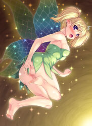 :o arm armpits arms ass bare_shoulders barefoot blonde_hair blush bottomless braid breasts butterfly_wings censored dragon's_crown dress embarrassed fairy fairy_wings feet female flying legs looking_at_viewer looking_back miyai_max no_panties open_mouth pointy_ears purple_eyes pussy short_hair shy sideboob solo sparkle strapless strapless_dress surprised sweat tied_hair tiki_(dragon's_crown) twin_braids twintails wings