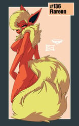 anthro anthrofied ass black_nose black_skin breasts english_text eyelashes female flareon looking_away mingchee nintendo nipples notorious84 nude number orange_fur pink_skin plain_background pokemon shadow sideboob solo squint standing teal_eyes text video_games white_eyes yellow_fur