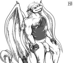 2013 anthro dragon kalnareff male male_only penis plain_background pose reptile scalie sinigre solo tattoo uncolored white_background wings