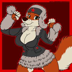 1:1 2013 anthro breasts canine cleavage closed_mouth clothes color costume fangs female female_only front_view fur furry furry_breasts furry_tail green_eyes hat looking_at_viewer open_eyes outlandish_studios smile soldier solo standing tail wolf