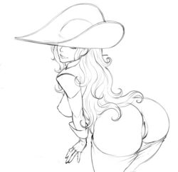 1girls anus ass bent_over breasts breasts_out capcom fingerless_gloves from_behind gloves greyscale hat hat_over_eyes large_breasts legoman lips long_hair marvel_vs._capcom marvel_vs._capcom_2 monochrome nipples pantyhose pantyhose_pull pirate_hat pussy ruby_heart sketch solo