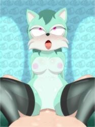 1boy 1boy1girl 1girls ahe_gao anthro big_breasts black_legwear cyan_fur cyan_hair ed-nsfw embarrassed eyes_rolling_back faceless_male fox fox_ears fox_girl fox_tail furry furry_ears legs_apart legs_held_open legs_spread offscreen_character open_mouth original original_character pink_eyes sitting sitting_on_penis sitting_on_person tongue_out vaginal_insertion vaginal_penetration vaginal_sex