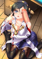 adjusting_glasses bare_shoulders black_hair blue_eyes blush breasts detached_sleeves female glasses hairband highres japanese_clothes kantai_collection kirishima_(kantai_collection) open_mouth pantyhose penis penis_on_face personification short_hair sitting skirt solo_focus straight thighhighs thighhighs_over_pantyhose wariza wince