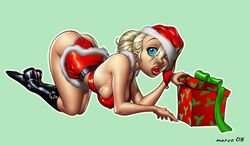 1girls 2008 bimbo blonde_hair blue_eyes boots breasts christmas dominic_marco erect_nipples freckles hair hair_over_one_eye large_breasts looking_at_viewer one_eye_covered panties present santa_hat santa_outfit