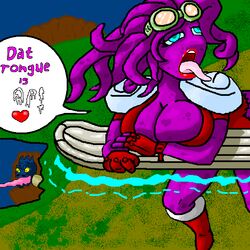 alien awesomenauts big_breasts breasts coco_nebulon eyewear goggles leon_chameleon purple_skin sexually_suggestive tagme text