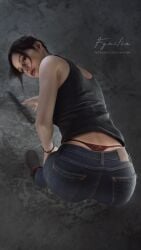 1girls 3d blue_eyes claire_redfield female female_only fgnilin g-string jeans knife panties pants pants_down pov resident_evil resident_evil_2 resident_evil_2_remake shirt shirt_up solo thong underwear