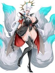 adepta_sororitas big_breasts black_legwear breasts cyan_eyes cyan_hair goddess halo imperium_of_man kinksune kitsune miya_kitashima pinup sister_of_battle thick_thighs thighhighs warhammer_(franchise) warhammer_40k white_hair