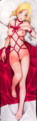 as109 blonde_hair blue_eyes blush breasts catherine catherine_(game) condom dakimakura drill_hair feet female head_tilt highres lace-trimmed_thighhighs light_smile lips long_image looking_at_viewer lying naked_ribbon navel nipples on_back open_mouth parted_lips pillow ribbon short_hair solo succubus tall_image thigh_gap thighhighs toes white_legwear wristband