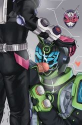 2boys after_handjob after_sex armored armored_male ass blush blushing_through_mask bodysuit breath clothed clothed_sex cum cum_on_face cum_on_mask fully_clothed gay hand_on_head hand_on_penis handjob heart heart_symbol holding holding_penis kamen_rider kamen_rider_zi-o kamen_rider_zi-o_(series) kneeling male male_focus male_only reaction_shot sfdofd shivering simple_background speech_bubble spoken_heart sweatdrop sweating tight_clothing tokiwa_sougo trembling uncensored variant_set woz yaoi