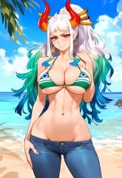 1girls abs ai_generated bare_arms bare_shoulders beach big_breasts blush bra clothed clothing color female female_focus female_only fit_female geo-san geosan hi_res horns jeans large_breasts light-skinned_female light_skin long_hair looking_at_viewer muscles muscular muscular_female nami_(one_piece)_(cosplay) one_piece orange_eyes sand sea shounen_jump solo solo_female tagme thick_thighs water white_hair yamato_(one_piece)