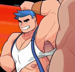 advance_wars arm_up armpit_fetish armpit_sex balls bara boner erection gay male male_only max_(advance_wars) muscles muscular nude penis sweat tank_top vvulfbara