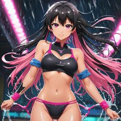 1girls ai_generated ai_hands armbands black_hair female female_only long_hair looking_at_viewer pink_hair rain raining small_breasts solo sweat swimsuit tagme tan_body tattoo water wristband