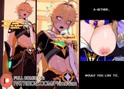 1boy 1girls aether_(genshin_impact) ai_generated blonde_hair breasts closed_eyes comic comic_page english_text female genshin_impact golden_eyes indoors lactation large_breasts lisa_(genshin_impact) mature_female milk navel one_breast_out primosan speaking standing thiccwithaq_(ai_style) wide_eyed