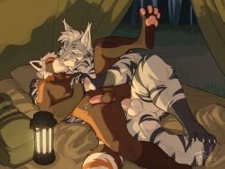 4_toes 5_fingers ailurid anal anal_sex anthro balls bodily_fluids brown_body brown_fur claws closed_eyes cuddling cum cum_in_ass cum_inside cum_on_self cum_while_penetrated digital_media_(artwork) duo embracing_during_sex fangs feet felid finger_claws fingers from_behind_position fur genital_fluids genitals gloves_(marking) hair hand_holding hi_res humanoid_genitalia humanoid_penis in_tent jakemi kiga_(jakemi) kissing kissing_while_cumming kissing_while_penetrated kissing_while_penetrating lamp lantern leg_markings light lighting male male/male male_penetrated male_penetrating male_penetrating_male mammal markings nude nude_anthro nude_male one_leg_up pawpads paws penetration penile penile_penetration penis penis_in_ass pillow prehistoric_species raised_leg red_panda romantic romantic_couple russell_allen saber-toothed_tiger sabertooth_(anatomy) sex signature socks_(marking) spoon_position stripes teeth tent toe_claws toes white_body white_fur white_hair