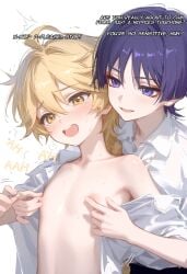 2boys aether_(genshin_impact) ai_generated dialogue english_text femboy genshin_impact male male_only moaning multiple_boys nipple_play nipples pervert premature_ejaculation scaramouche_(genshin_impact) text touching_nipples