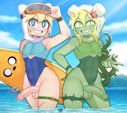 2boys 2femboys adventure_time big_penis femboy fern_(adventure_time) fern_the_human finn_the_human gay large_penis lezaki-thefatlizard looking_at_viewer male male_only penis_out swimsuit yaoi