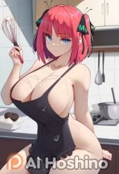 1_girl ahe_gao ai_generated apron apron_only blue_eyes blush butterfly_hair_ornament cum_in_pussy go-toubun_no_hanayome highres hoshino_ai_(generated) kitchen nakano_nino naked nude_female pink_hair portrait quintuplets see-through short_hair solo upper_body whisk