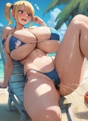 ai_generated alternate_breast_size athletic_female beach bikini bikini_top blonde_hair blush breasts_bigger_than_head brown_eyes embarrassed fairy_tail ganggang gigantic_breasts huge_breasts huge_thighs light-skinned_female light_skin lucy_heartfilia massive_breasts peeing peeing_through_panties side_ponytail solo_female squatting sweat sweatdrop thick_thighs thighs thighs_bigger_than_head urinating urinating_female urination urine voluptuous voluptuous_female