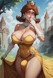 1futa 2024 2024s 2d 2d_(artwork) 2d_artwork ai_generated artist_request blue_eyes brown_hair bulge clothed clothing crown dress erect_penis erection erection_under_clothes erection_under_clothing futa_only futa_sans_pussy futanari light-skinned_futanari light_skin mario_(series) nai_diffusion nintendo princess princess_daisy shocked short_hair stable_diffusion standing surprised_face video_game_character video_games white_gloves yellow_dress