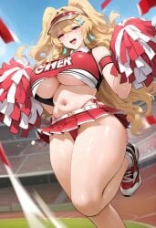 ai_generated bare_legs blonde_hair cheerleader gigantic_breasts goddess_of_victory:_nikke huge_breasts huge_thighs light-skinned_female light_skin low-angle_view massive_breasts miniskirt moriaaa panties pink_eyes pom_poms smiling squatting sweat sweatdrop thick_body thick_female thick_thighs thighs twintails voluptuous voluptuous_female